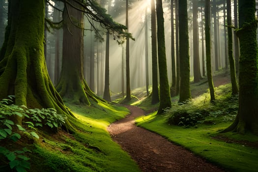 a path through a forest with trees and sunbeams. AI-Generated photo