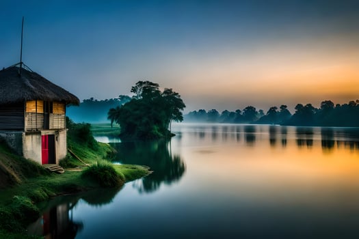 a small hut sits on the bank of a river at sunrise. AI-Generated photo