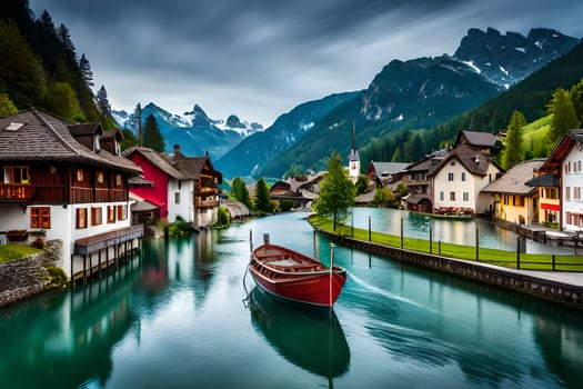 a boat is floating down a river in a town. AI-Generated photo
