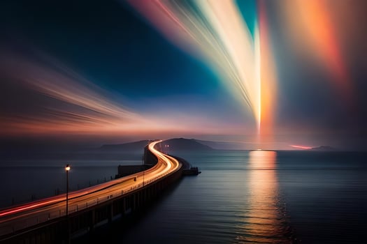 a long exposure photo of a bridge with light trails. AI-Generated