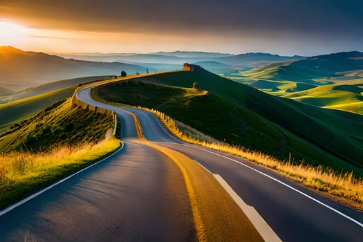 a winding road in the mountains at sunset. AI-Generated photo