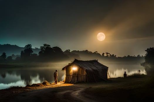 photo wallpaper the moon, night, river, hut, man, river, lake, moon,. AI-Generated