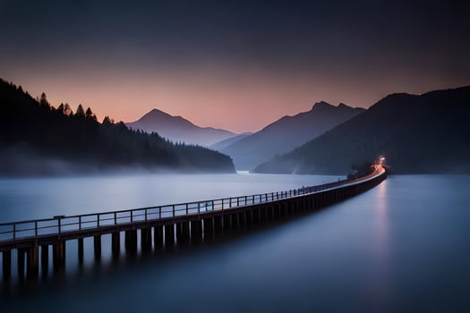 a long exposure photo of a pier in the mountains. AI-Generated