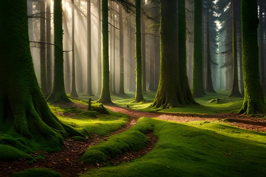 a path through a forest with mossy trees. AI-Generated photo