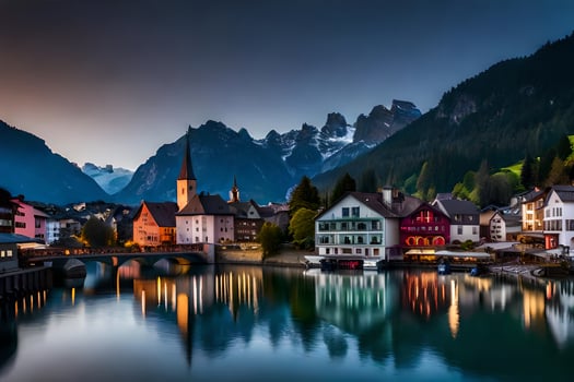 photo wallpaper the sky, mountains, lake, town, house, house, house, house,. AI-Generated