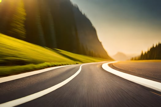 a blurry image of a road with trees and mountains. AI-Generated photo