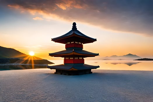 the sun rises over a pagoda in the middle of a lake. AI-Generated photo