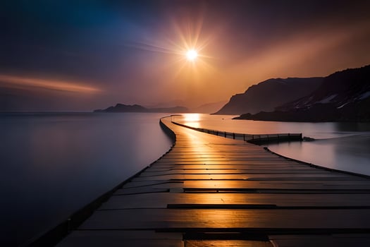 a long wooden pier stretches into the ocean at sunset. AI-Generated photo