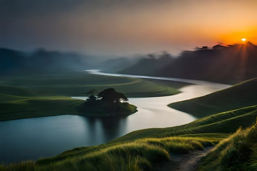the sun rises over a river and grassy hills. AI-Generated photo