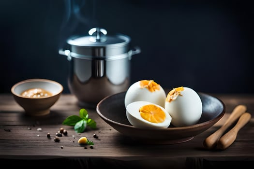 boiled eggs in a bowl on a table. AI-Generated photo