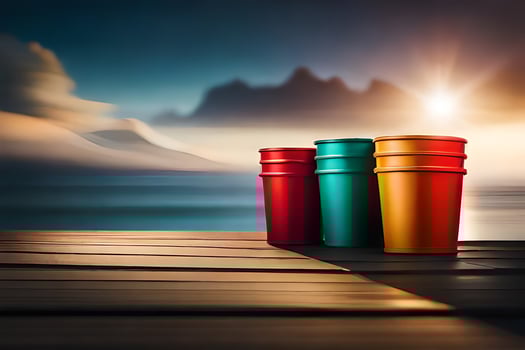 three cups sitting on a wooden deck overlooking the ocean. AI-Generated photo