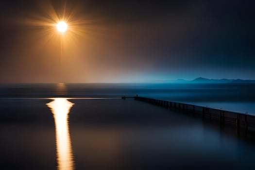 a pier in the ocean with a bright sun shining. AI-Generated photo