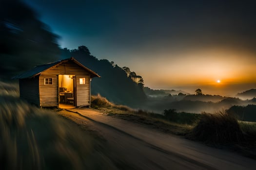 a small hut sits on a hillside at sunset. AI-Generated photo
