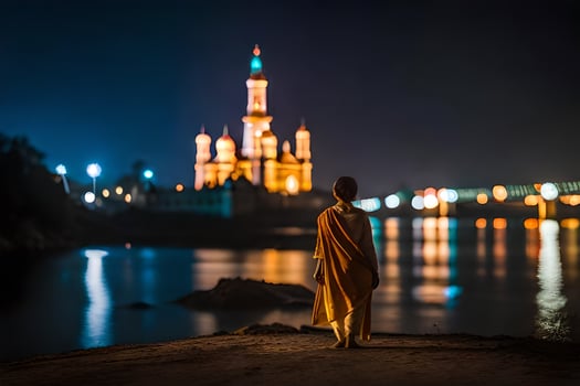 a monk stands on the shore of a lake at night. AI-Generated photo