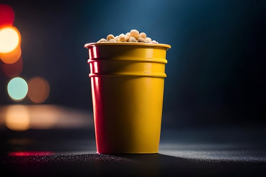 a cup of popcorn sitting on a table in front of a blurry background. AI-Generated photo