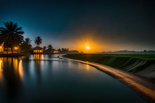 the moon rises over a river at night. AI-Generated photo