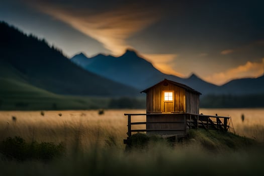 a small hut in the middle of a field with mountains in the background. AI-Generated photo