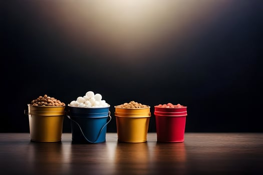 four buckets of popcorn on a table. AI-Generated photo