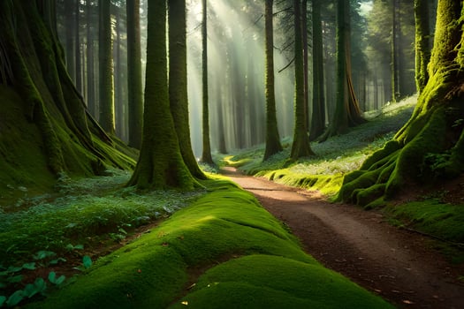 a path through a forest with mossy trees. AI-Generated photo