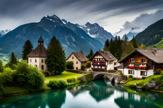 a beautiful mountain village with a river and mountains. AI-Generated photo