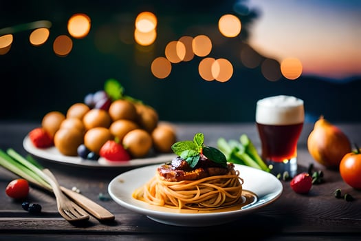 spaghetti with meatballs and tomato sauce on a wooden table. AI-Generated photo