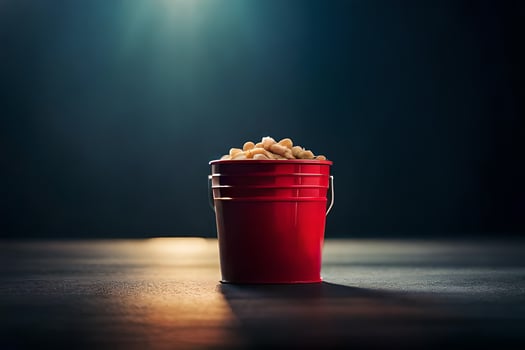 a red bucket filled with peanuts on a dark table. AI-Generated photo