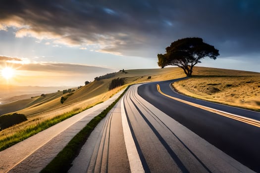 a long road with a tree in the distance. AI-Generated photo