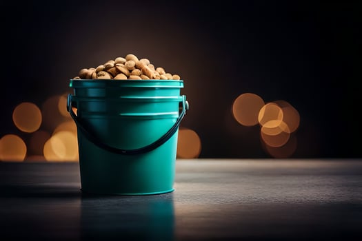 a bucket of peanuts on a table. AI-Generated photo