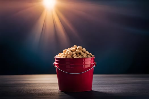 a bucket of peanuts on a table. AI-Generated photo