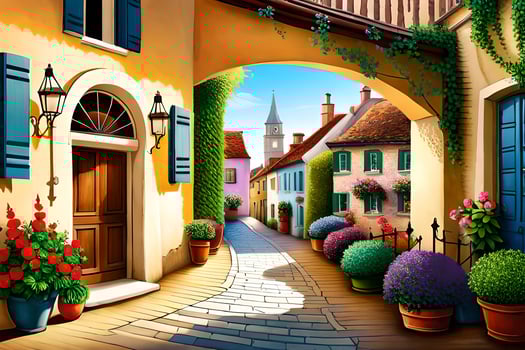 an illustration of a street with flowers and plants. AI-Generated photo
