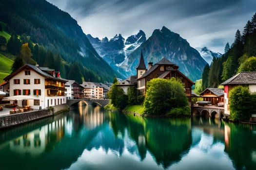 photo wallpaper mountains, river, house, lake, mountains, switzerland, the alps,. AI-Generated