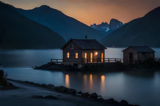 a small cabin sits on the shore of a lake at dusk. AI-Generated photo