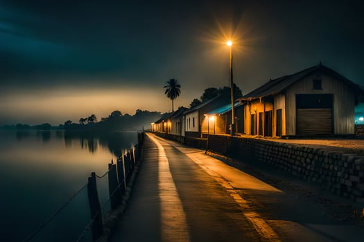 photo wallpaper the night, water, house, the road, the house, the road, the. AI-Generated