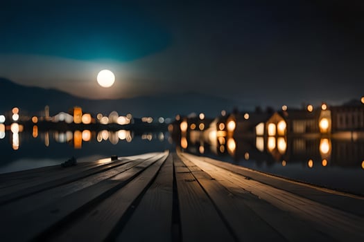 a wooden dock with a moon in the sky. AI-Generated photo