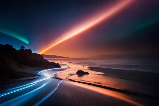a long exposure photograph of a rainbow light on the beach. AI-Generated photo