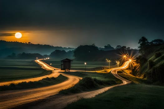 a long exposure photo of a road at night. AI-Generated