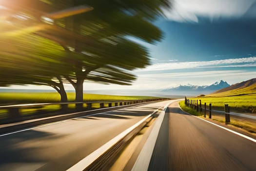 a car driving on a road with trees and mountains in the background. AI-Generated photo