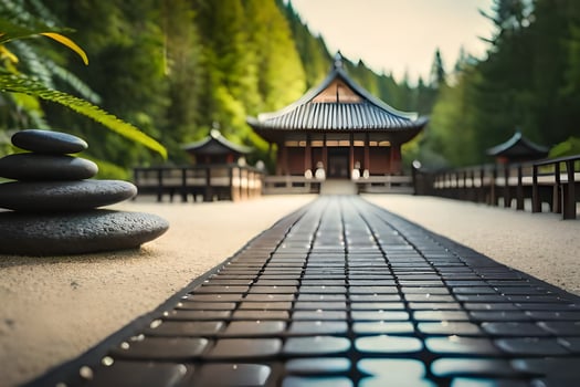a path leading to a pagoda in the middle of a forest. AI-Generated photo