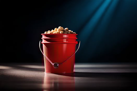 a red bucket filled with popcorn on a dark table. AI-Generated photo