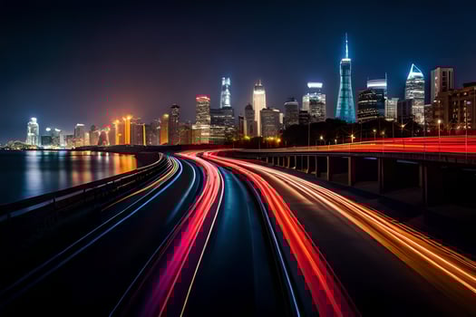 a long exposure photograph of a city skyline at night. AI-Generated photo