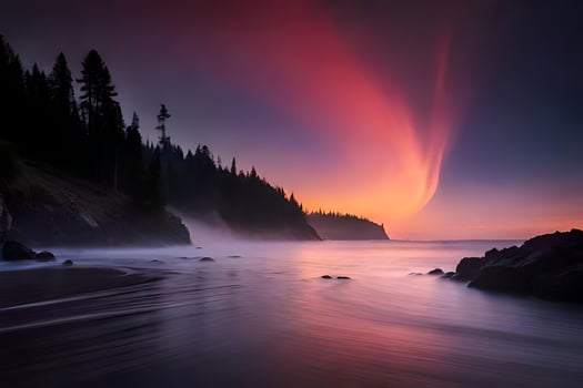 a colorful sunset over the ocean with trees and rocks. AI-Generated photo