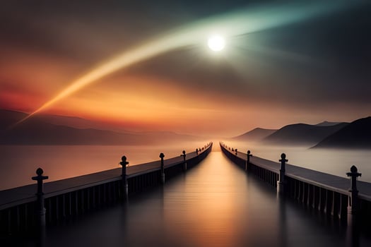a long pier with a bright sun shining over it. AI-Generated photo