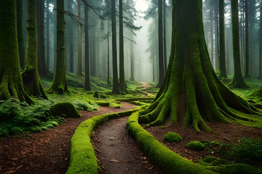 a path through a forest with mossy trees. AI-Generated photo