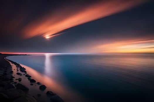 a long exposure photograph of the sunset over the ocean. AI-Generated photo