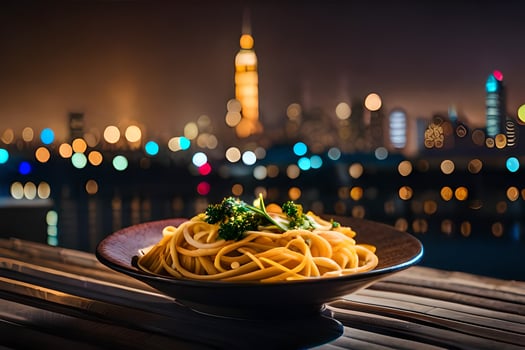 a bowl of pasta with a cityscape in the background. AI-Generated photo