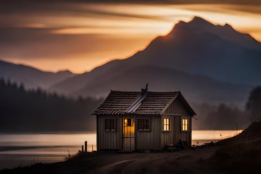 a small cabin sits on the side of a lake at sunset. AI-Generated photo