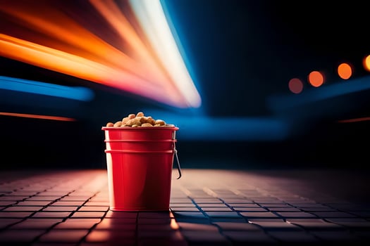 a red bucket with popcorn on the street. AI-Generated photo