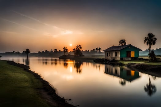 a small house sits on the edge of a lake at sunset. AI-Generated photo