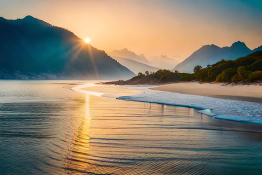 the sun sets over a beach and mountains. AI-Generated photo