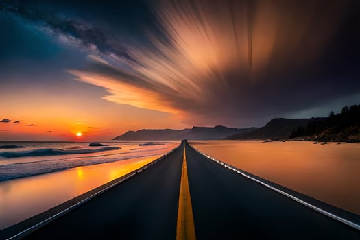 a long exposure photograph of a road leading to the ocean. AI-Generated photo